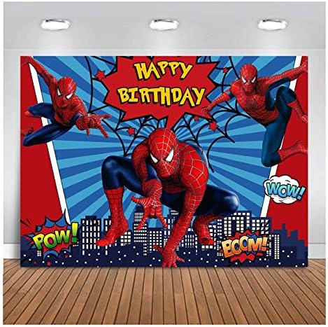 Süper Kahraman Şehir Tema Fotoğraf Arka Planında Kırmızı Mavi Şerit Örümcek Adam Çocuk Erkek Mutlu Doğum Günü Partisi Fotoğraf