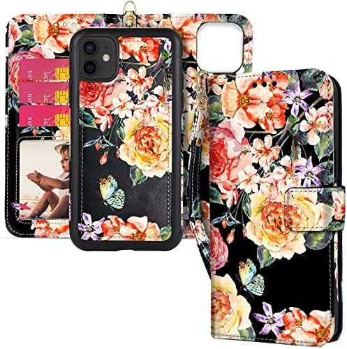 HOGGU iPhone 11 Kılıf Cüzdan - Manyetik Ayrılabilir iPhone 13 Cüzdan Kılıf ile RFID Engelleme kart tutucu, El Kayışı, çiçek Çiçek