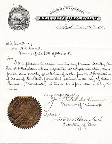 John S. Pillsbury-10/28/1881 İmzalı El Yazması Mektup ortak imzalayan: Fred Von Baumbach