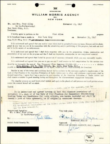 Humphrey Bogie Bogart-11/15/1947 imzalı Belge Fred Allen tarafından imzalandı