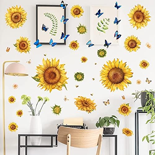 NOA Ayçiçeği duvar çıkartmaları ile 3D Mavi Kelebek, 46 Pcs Bağımsız DIY Sarı Papatya Çiçekler Dekor Çıkartması, çıkarılabilir
