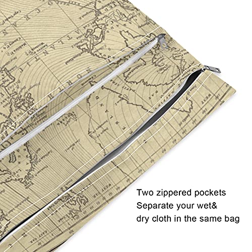 Vintage dünya haritası ıslak kuru çanta kullanımlık Bezi ıslak çanta mayolar için su geçirmez ıslak kuru Organizatör ile iki