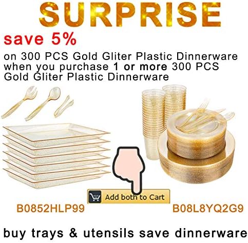 WELLİFE 24 Paket Tek Kullanımlık Mutfak Eşyaları ile Plastik Altın Glitter Servis Tepsisi, 6 Dikdörtgen Tabağı 15” x 10”, 6 Servis