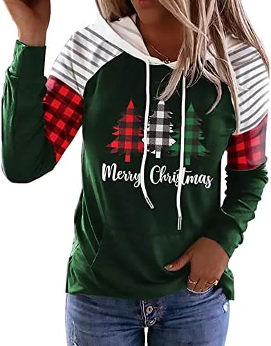 Merry Christmas Buffalo Ekose Ağacı Çizgili Ekleme Hoodie Gömlek Bluz Kadınlar için Noel Renk Blok Ekose T-Shirt Üst