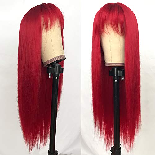 QD-Tizer Kırmızı uzun İpeksi düz peruk patlama ile, ısıya dayanıklı sentetik Hiçbir dantel peruk moda kadınlar için, doğal Görünümlü