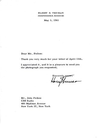 Başkan Harry'nin Truman Yazdığı Mektup 05/03/1961 tarihinde İmzalandı