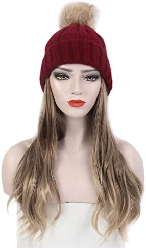 ZLDGYG Moda Avrupa ve Amerikan Bayanlar Saç Şapka Bir Uzun Kıvırcık Altın Peruk ve Şapka Bir Kırmızı Örme Şapka Peruk