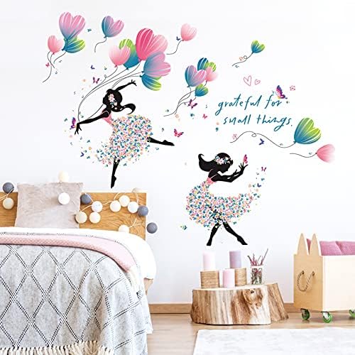 2 Yaprak Peri Kız Balon Kreş Duvar Çıkartmaları, Peel & Sopa Çoklu Tasarım Dans Kızlar Çiçekler ile Renkli Balonlar ve Kelebek