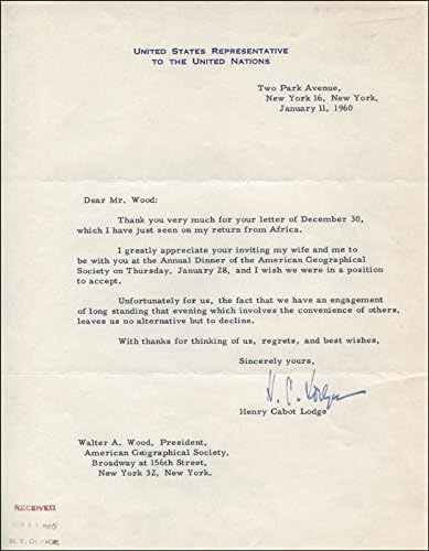 Henry Cabot Lodge Jr. - 01/11/1960 tarihli İmzalı Mektup