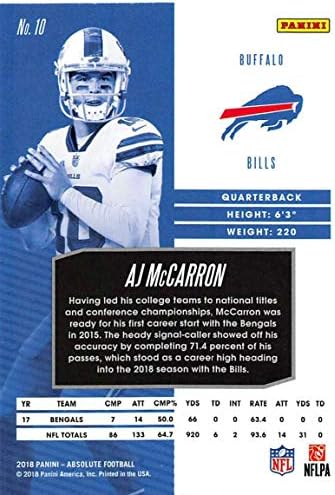 2018 Mutlak Futbol 10 AJ McCarron Buffalo Bills Panini tarafından yapılan Resmi NFL Ticaret Kartı