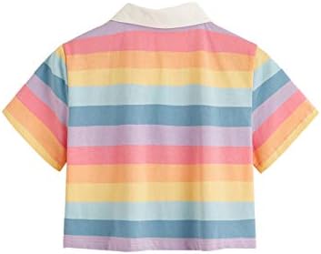 SweatyRocks kadın Yaka Yarım Düğme Kısa Kollu Çizgili Kırpma Üst T-Shirt