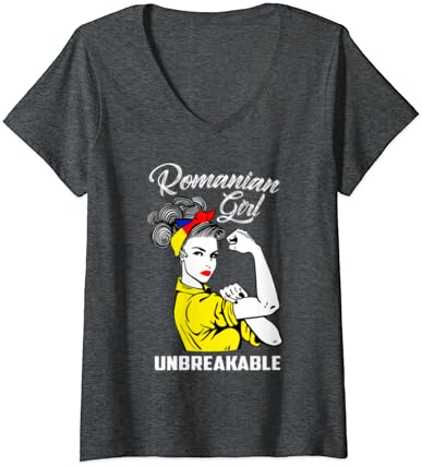 Bayan Romen kız Kırılmaz Miras Romanya Bayrağı hediye V yaka T-Shirt