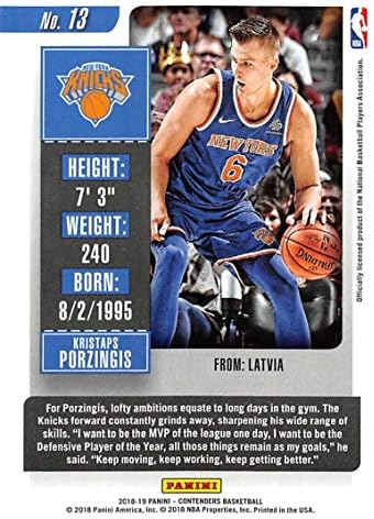 2018-19 Panini Yarışmacıları Sezon Bileti 13 Kristaps Porzingis New York Knicks NBA Basketbol Ticaret Kartı