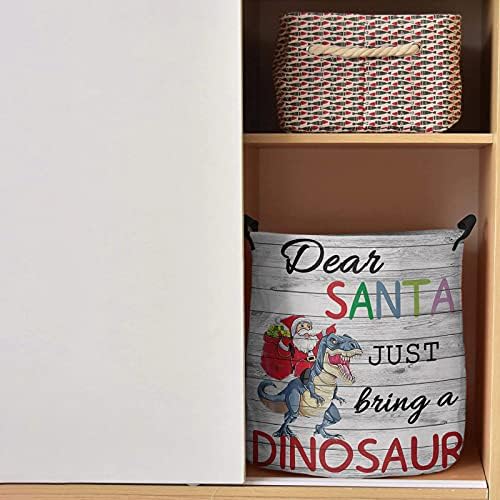 Katlanabilir çamaşır sepeti 17 inç Noel Dinozor Noel Baba Bağlantısız çamaşır sepeti Kolları ile Vintage Ahşap İpli Depolama