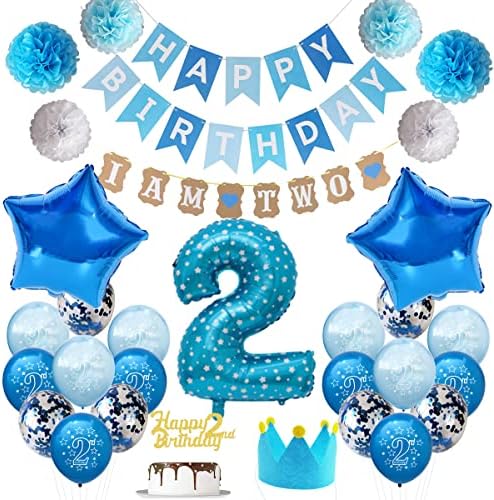 2nd Doğum Günü Süslemeleri için Erkek Mavi İki Doğum Günü Parti Malzemeleri Ben İki Afiş, Taç Şapka, 6 Paketi Kağıt Pom Poms