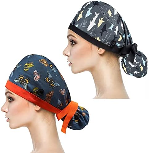 YUESUO Düğmeler ve Ter Bandı ile 2 Paket Çalışma Kapağı, Kadınlar için Ayarlanabilir At Kuyruğu Paketi ile Pamuk Çalışma Şapkaları