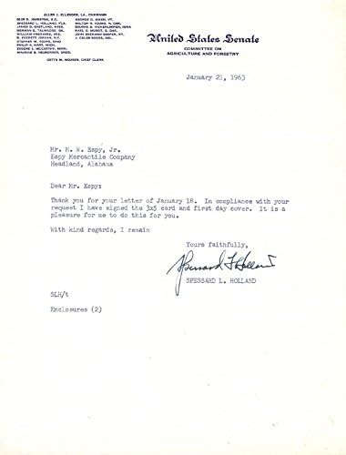 Spessard L. Holland-01/21/1963 Tarihli İmzalı Mektup