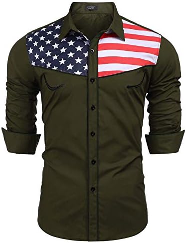 COOFANDY erkek Casual Amerikan Bayrağı Düğme Aşağı Gömlek Slim Fit Uzun Kollu Gömlek