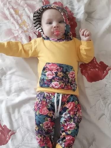 Bebek Yürüyor Bebek Kız Çiçek Giysileri Uzun Kollu Kapüşonlu Üstleri Rahat Pantolon ve Kafa Bandı Kıyafet Seti