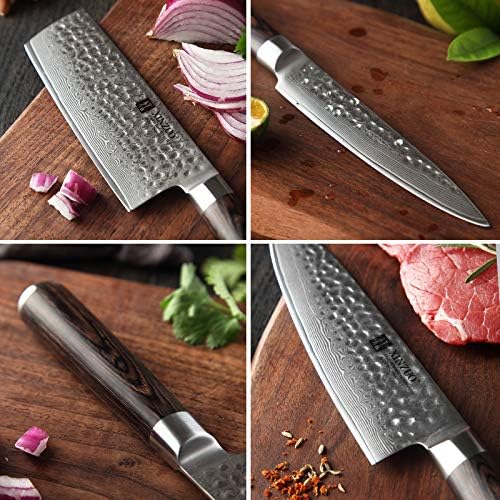 XINZUO 7 PC Şam Çelik mutfak bıçağı Seti ile Akasya Ahşap Blok, Çok Fonksiyonlu Mutfak Makası, Profesyonel Keskin Şef Bıçağı