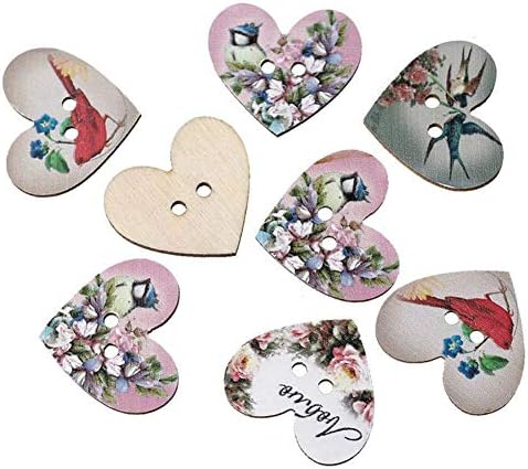 AKOAK 50 Paket 2 Delikli Karışık Çiçek Kuş Desen Baskılı Ahşap Şeftali Kalp Şeklinde Düğmeler Ahşap Dikiş Düğmeleri DIY Scrapbooking