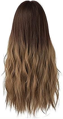 TJLSS 26 inç Kahverengi Sarışın Ombre Peruk Patlama ile Uzun Dalgalı Sentetik Saç Doğal Peruk Kadınlar için (Renk: B)