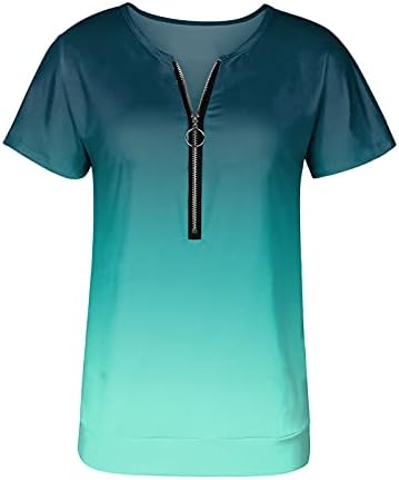 fine_fine kadın V Yaka Bluz Renk Eşleştirme Fermuar Kısa Kollu Casual T Shirt Tunik Flowy 2021 Üst
