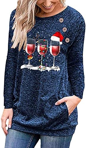 Kadınlar ıçin uzun Kollu Gömlek Trendy Noel Şarap Cam Crewneck Tişörtü Düğme Aşağı Güz Kazak ıle Cepler