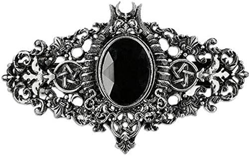 Restyle Gotik Wicca Büyücülük Pentagram Boynuzları Saç Tokası Siyah Taş Barrette-Gümüş