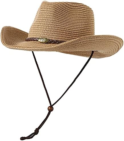 Lanzom Bayan hasır plaj güneş şapkası Packable Yaz Kovboy hasır şapkalar Rüzgar Kordon ile