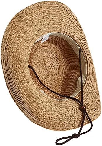 Lanzom Bayan hasır plaj güneş şapkası Packable Yaz Kovboy hasır şapkalar Rüzgar Kordon ile