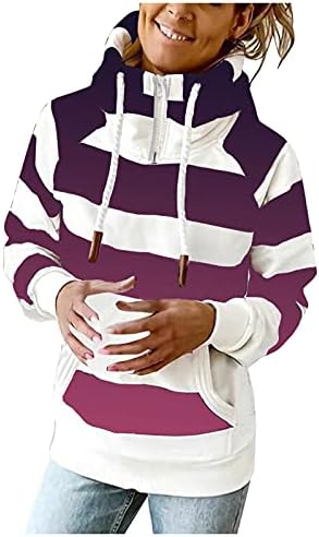 Kadın Çizgili Renk Bloğu 1/4 Zip Up Sweatshirt Ceket Uzun Kollu İpli Boy Kazak Tops ile Cep