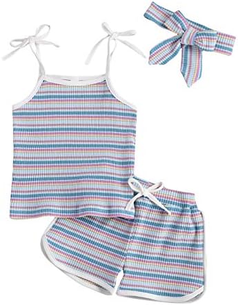 Toddler Bebek Kız Yaz Giysileri Şerit Tank Top + Pamuk Şort Bandı 3 Adet Örgü Nervürlü Kıyafet Seti