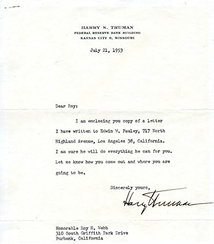 Başkan Harry'nin Truman Yazdığı Mektup 07/21/1953 tarihinde İmzalandı