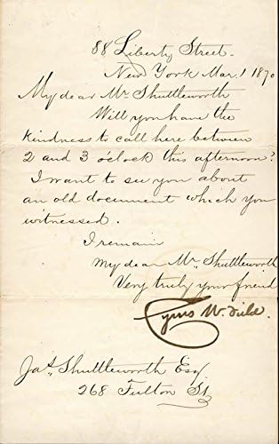 Cyrus W. Field-03/01/1870 İmzalı El Yazması Mektup