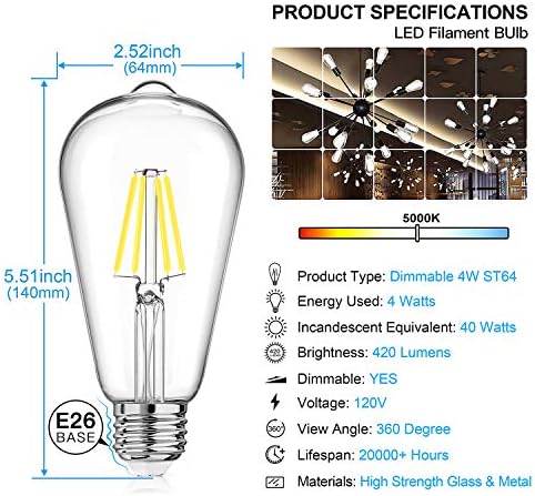 LED Edison Ampul Kısılabilir, Günışığı Beyaz 5000 K, 40 W Eşdeğer, 4 W Vintage ST64 LED Filament Ampuller, E26 Orta Taban, 12