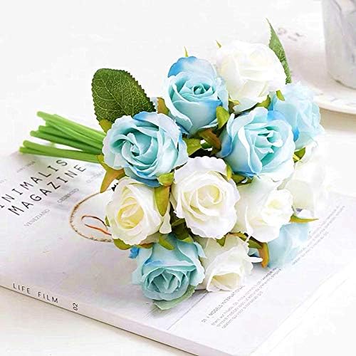 Jasıon Yapay Güller Çiçekler 12 Kafaları Düzenleme Ipek Buket Ev Ofis Partiler için Gelin ve Düğün Dekorasyon (Mavi ve Beyaz)