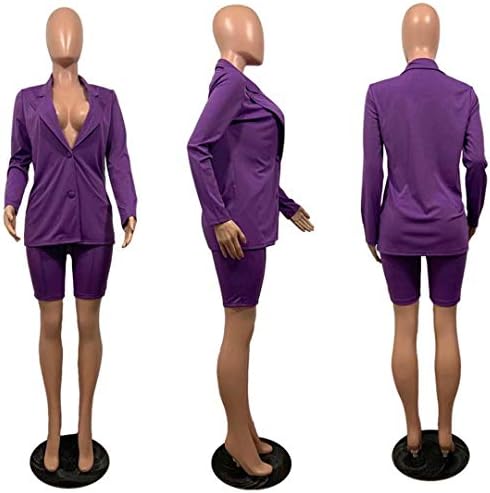 Kadınlar için 2 Parça Kıyafetler-Uzun Kollu Katı Blazer Şort ile Rahat Zarif İş Takım Elbise Setleri